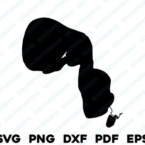 May include: Black silhouette of a lake with a narrow inlet. The lake is shaped like a large, irregular blob with a smaller, curved inlet extending from the main body of water. The silhouette is isolated on a white background.