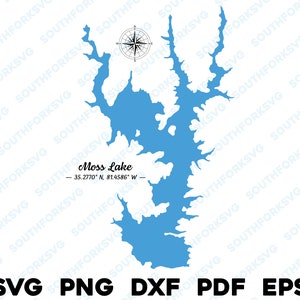 Moss Lake Carolina del Norte Mapa Forma Silueta svg png dxf pdf eps vector diseño gráfico corte grabado archivo láser imagen barco lago casa