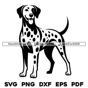 以下が含まれることがあります： 黒と白のイラストで、斑点のあるダルメシアン犬が描かれています。犬は尾を上に曲げて立っています。画像には「SVG PNG DXF EPS PDF」というテキストが含まれています。