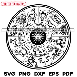 Vintage roue du zodiaque astrologique du zodiaque solaire antique svg png dxf eps pdf | Sublimation de colorant d'impression découpée par gravure laser | Téléchargement instantané, utilisation commerciale