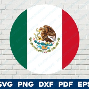 Op de afbeelding: Een ronde sticker met de vlag van Mexico. De vlag is groen, wit en rood met een wapenschild in het midden. Het wapenschild toont een gouden adelaar die op een cactus zit met een slang in zijn bek.
