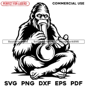 May include: Black and white illustration of a gorilla sitting cross-legged and holding a bong.