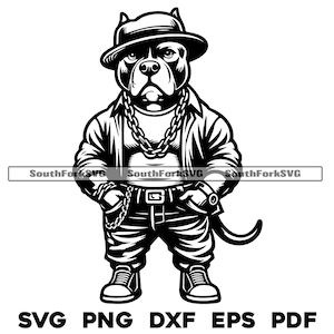 Desenho animado de gangster pitbull svg png dxf eps pdf | corte a laser impressão gravar sublimação de tinta design gráfico vetorial | download digital uso comercial