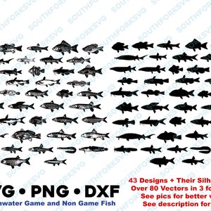 Puede incluir: Un conjunto de 43 ilustraciones en blanco y negro de peces de agua dulce, incluyendo tanto peces de caza como peces no de caza. Las ilustraciones están en ambos estilos, de línea y silueta. El texto en la imagen dice "43 Designs + Their Silhouettes Over 80 Vectors in 3 formats! See pics for better view See description for list".