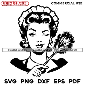 Style rétro femme de ménage svg png dxf eps pdf Coupe impression gravure laser teinture CNC sous vinyle | Téléchargement instantané Utilisation commerciale