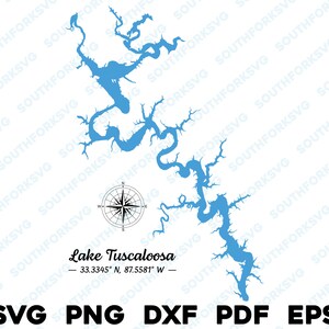 Lake Tuscaloosa Alabama kaart vorm silhouet svg png dxf pdf eps vector grafisch ontwerp gesneden gravure laserbestand afbeelding boot meer