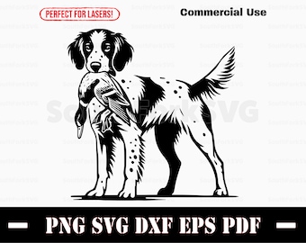 Brittany Spaniel Bird Dog z kaczką svg png dxf eps pdf | grafika wektorowa plik do cięcia laserowego grawerowanie klipart natychmiastowe pobieranie komercyjne wykorzystanie