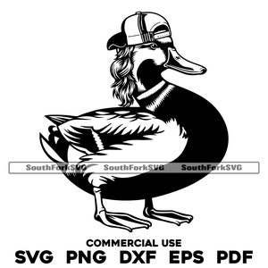 May include: A black and white illustration of a duck wearing a baseball cap. The duck is facing the right side of the image. The duck has a long neck and a large beak. The duck is standing on two legs. The duck is wearing a baseball cap with a brim. The duck is wearing a baseball cap with a brim. The duck is wearing a baseball cap with a brim.