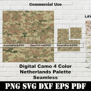 Paleta holandesa de camuflaje digital de 4 colores con patrón sin costuras / SVG, PNG, DXF, EPS, PDF / Gráfico vectorial, Sublimación de tinta, Descarga instantánea, Uso comercial