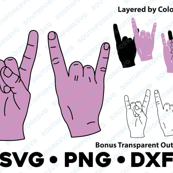 Rock on Hand symbole SVG PNG DXF superposé par couleur fichier silhouette camée Asl Rock and roll américain geste diable cornes signal Cool