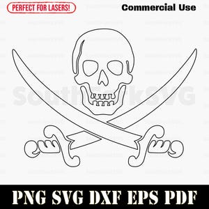 Pirate Skull & Crossed Swords Outline | svg png dxf eps pdf | vector graphic design cut print laser files | digital download commercial use
