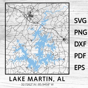 Mapa del lago Martin, Alabama, silueta con carreteras, svg, png, dxf, pdf, eps, diseño gráfico vectorial, corte, grabado, archivo láser, imagen, barco, lago, casa
