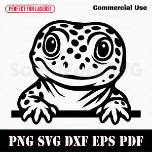 May include: A black and white illustration of a gecko with a smiling face and large eyes. The image includes the text "PNG SVG DXF EPS PDF" and "Commercial Use".