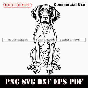 May include: Black and white line art of a dog in a sitting position. The image includes the text "Commercial Use" and "Perfect for Lasers!" along with file type information: PNG, SVG, DXF, EPS, and PDF.