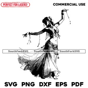 Puede incluir: Ilustración en blanco y negro de una mujer en una falda fluida, bailando con los brazos en alto. Lleva un collar de cuentas y un cinturón con una hebilla decorativa.