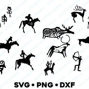 Zestaw rysunków malowideł jaskiniowych 2 svg png dxf sylwetki historia prymitywny starożytny przodek tubylec ludzki duchowy symbol przezroczysty