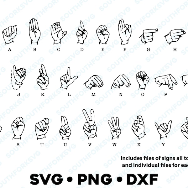 Vintage American Sign Language Alphabet SVG PNG DXF Cut File Silhouette Asl Deaf Education Abcs Learning Hand Manual Spelling Letters