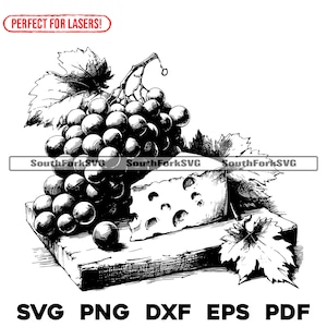 Puede incluir: Ilustración en blanco y negro de uvas, queso y hojas sobre una tabla de madera. La imagen incluye el texto "SouthForkSVG" y "PERFECT FOR LASERS!" en una pancarta roja. Debajo, las abreviaturas de los tipos de archivo: SVG, PNG, DXF, EPS y PDF.
