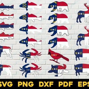 Op de afbeelding: Een set van 16 digitale snijbestanden met ontwerpen van de vlag van de staat North Carolina. De ontwerpen omvatten een vis, een hert, een beer, een krab, een varken, een kardinaal, een schildpad en een hond. De ontwerpen zijn perfect voor het maken van knutselwerk, stickers en andere projecten.