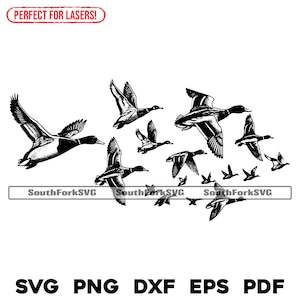 Vliegende eend silhouetten svg png dxf eps pdf | vector grafisch ontwerp gesneden print kleurstof sub laser graveren cnc digitale bestanden commercieel gebruik