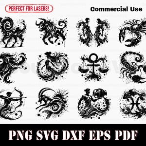 Volledige zwarte inkt sterrenbeelden symbool bundel svg png dxf pdf eps | vector grafisch ontwerp knippen print kleurstof sub laser bestand commercieel gebruik
