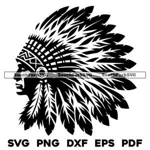 May include: Black and white silhouette of a Native American man wearing a headdress with feathers. The headdress is detailed with intricate patterns and the man's face is in profile.