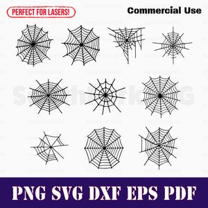 May include: A set of ten black and white spider web illustrations. The webs are various shapes and sizes, some are complete and some are incomplete.