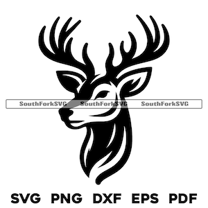 May include: Black and white silhouette of a deer head with antlers. The deer is facing left and has a detailed, stylized design.