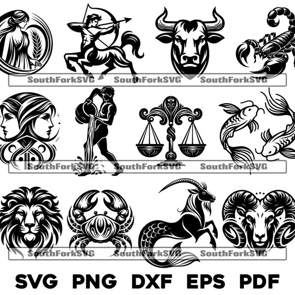 Ensemble complet de conception des signes du zodiaque svg png dxf pdf eps | Conception graphique vectorielle découpe impression teinture fichier numérique sous-graver au laser utilisation commerciale