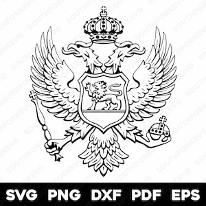 May include: A black and white illustration of the coat of arms of Serbia. The coat of arms features a double-headed eagle with a shield on its chest. The shield features a lion standing on its hind legs.