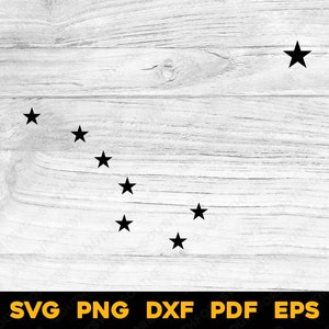 May include: A black silhouette of the constellation Ursa Major, also known as the Big Dipper, on a white woodgrain background.
