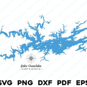 Lago Ouachita Arkansas Mapa Forma Silueta svg png dxf pdf eps vector diseño gráfico corte grabado archivo láser imagen barco lago casa