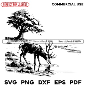 Laser Engrave Files Buck Deer River Scene  svg png dxf eps pdf | vector graphic cut print dye sub laser cnc files commercial use