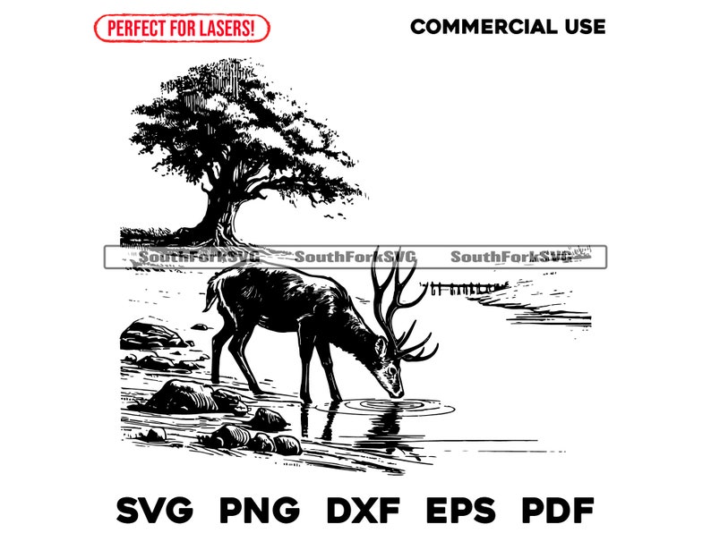 Laser Engrave Files Buck Deer River Scene Svg Png Dxf Eps Pdf | Vector ...