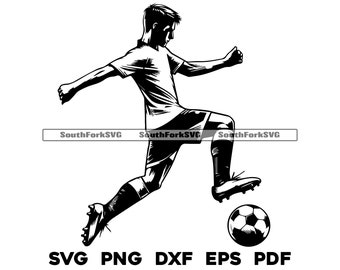 May include: A black and white silhouette of a soccer player kicking a soccer ball. The player is in mid-air, with their leg extended and their foot about to make contact with the ball. The ball is round and has a classic soccer ball design.