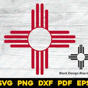 May include: Red and black stylized symbol of the Zia sun symbol, a traditional symbol of the Pueblo people of New Mexico. The symbol is a circle with four sets of four lines radiating from the center. The red symbol is on a white wood background. Black Design Also Included.