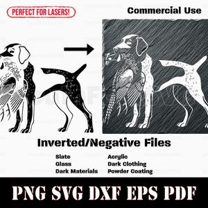 Op de afbeelding: Zwart-witte illustratie van een hond die een fazant in zijn bek houdt. De afbeelding is op een leisteen achtergrond en bevat de tekst "Inverted/Negative Files" en "PNG SVG DXF EPS PDF".