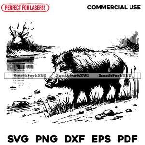 Archivos de grabado láser Escena de río de jabalí svg png dxf eps pdf / gráfico vectorial corte impresión sublimación láser archivos cnc uso comercial