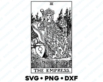 May include: Black and white illustration of the Empress tarot card. The card features a woman sitting on a throne with a crown on her head. The card is surrounded by a border of flowers and leaves. The text "THE EMPRESS" is printed at the bottom of the card.