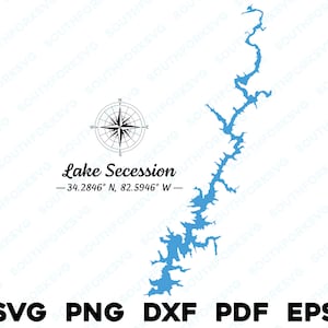 Lake Secession Carolina del Sur Mapa Forma Silueta svg png dxf pdf eps vector diseño gráfico corte grabado archivo láser imagen barco lago casa