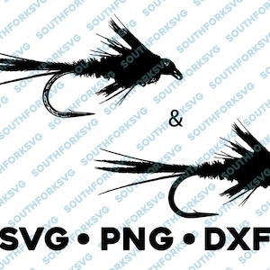 May include: Two black silhouette images of fly fishing lures with feathers and hooks. The text "SVG.PNG.DXF" is below the images.