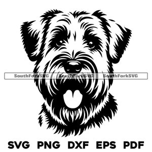 Puede incluir: Silueta en blanco y negro de la cabeza de un perro Schnauzer. El perro tiene una barba esponjosa y una expresión seria.