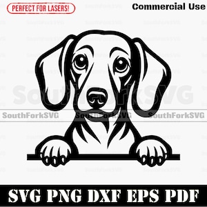 Puede incluir: Ilustración en blanco y negro de un perro salchicha. La imagen incluye el texto "Commercial Use" y "SVG PNG DXF EPS PDF". El diseño es adecuado para corte por láser.