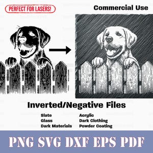 May include: Black and white illustration of a dog peeking over a wooden fence. The dog is looking to the right and has its tongue sticking out. The image is perfect for laser cutting and can be used for commercial purposes.