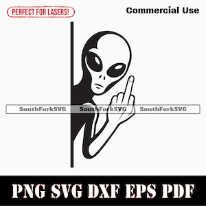 Könnte beinhalten: Schwarz-weiße Grafik einer Alien-Figur, die den Mittelfinger zeigt. Das Bild enthält den Text "Commercial Use" und "Perfect for Lasers!" sowie Informationen zum Dateityp: PNG SVG DXF EPS PDF.