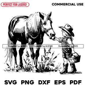Archivo de grabado láser: Vaquera dándole una manzana a un caballo / svg png dxf eps pdf / diseño gráfico, corte, impresión, sublimación de tinta, grabado, uso comercial