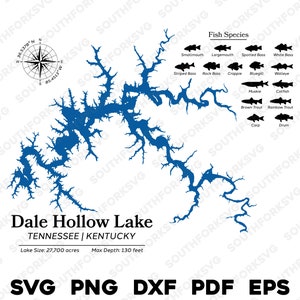 Dale Hohle Lake Tennessee Kentucky Kartendaten, Fischarten | Laser CNC Print Dye Sub | svg png dxf eps pdf | Sofort Download Kommerzielle Nutzung