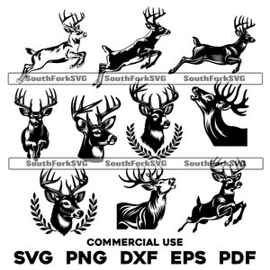 May include: Black and white illustrations of deer in various poses, including leaping and standing. The image includes the text "SouthForkSVG" and "COMMERCIAL USE" with file type abbreviations: SVG, PNG, DXF, EPS, and PDF.