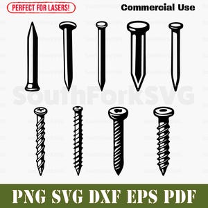 Eenvoudige spijkers en schroeven bundel svg png dxf eps pdf | vectorafbeelding knippen afdrukken kleurstof sub laser graveren illustraties commercieel gebruik