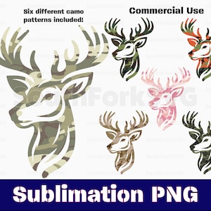 May include: Six different camouflage patterns of a deer head silhouette. The patterns include green, brown, pink, orange, and black. The text "Commercial Use" and "Sublimation PNG" are at the top and bottom of the image.